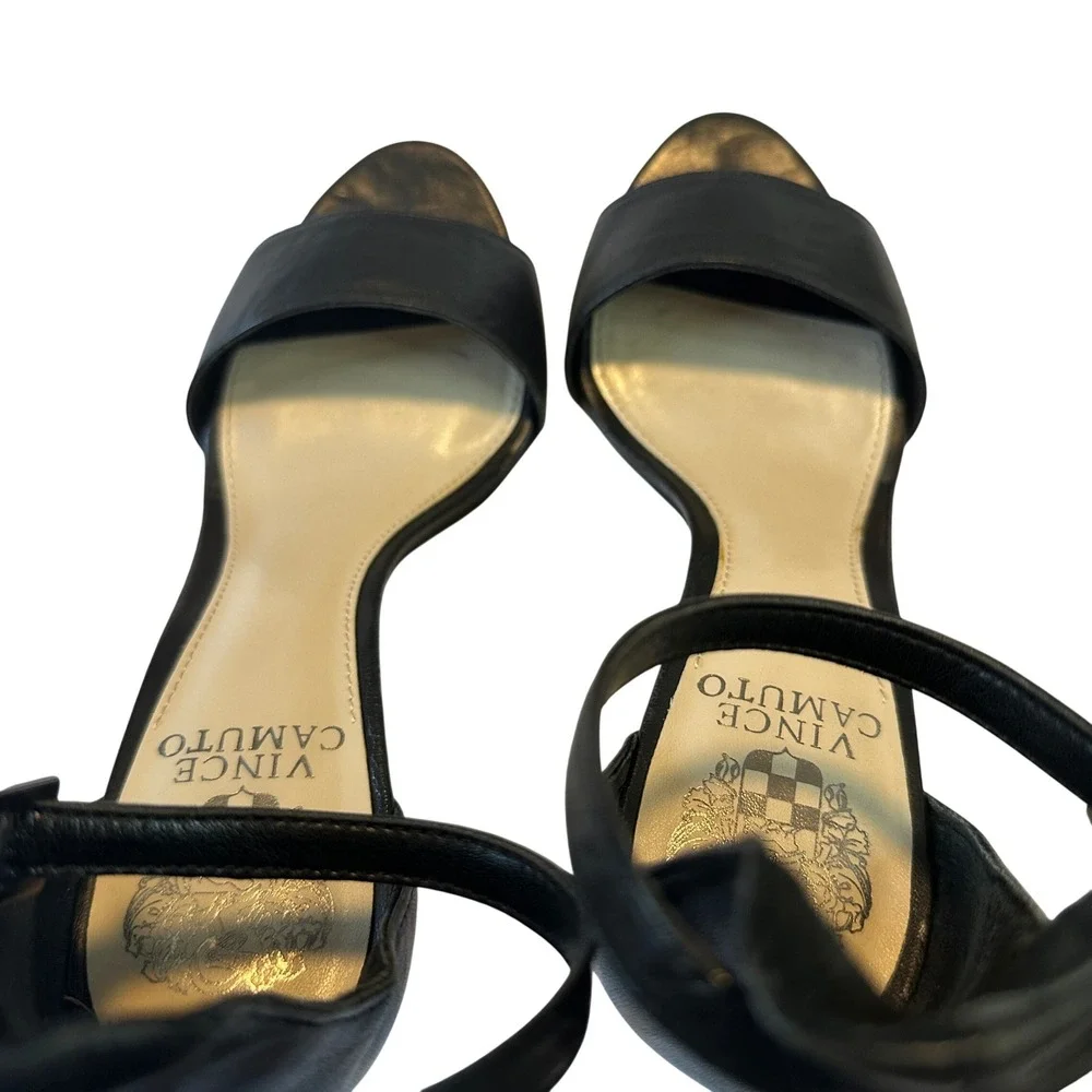 Vince Camuto Black Leather Ankle Strap Stiletto Heels Open Toe Womens 7M 37